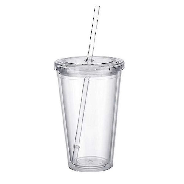 Dubbellagers plastmugg med lock och sugrör, isolerad kaffekopp, 500 ml, transparent
