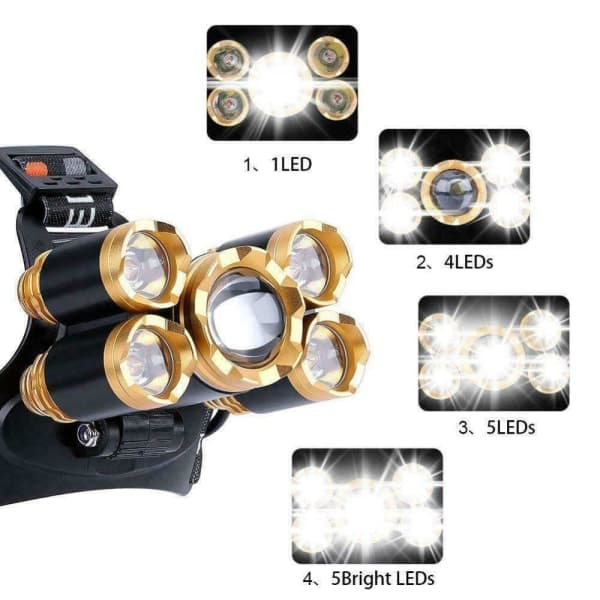 Kraftig hodelykt 5x T6 LED med batterier + 12V lader + bil Svart