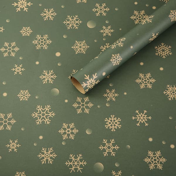 Julklappspapper i kraftpapper, 75 x 50 cm, miljövänligt, grönt snöflingemönster, 5 stycken