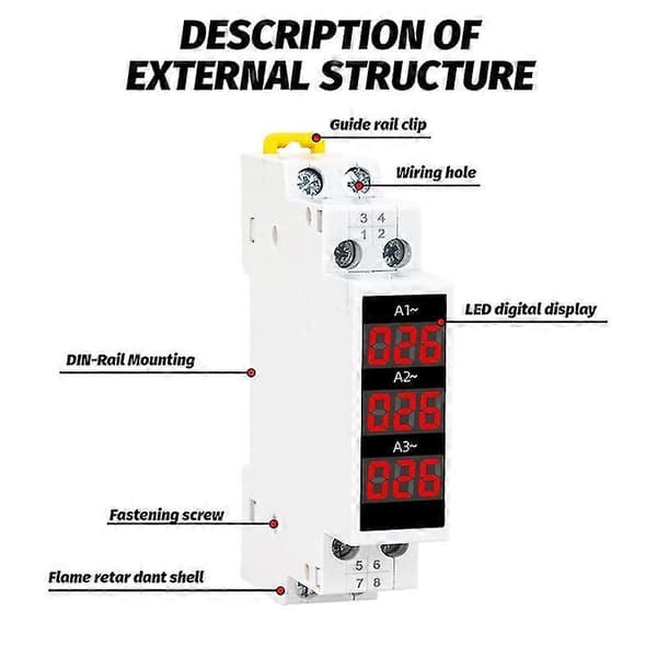 DIN-skenfäste 3-fas Amperemeter Mini Modulär Strömmätare Mätare Indikator LED Digital Display Detektor Amperemeter