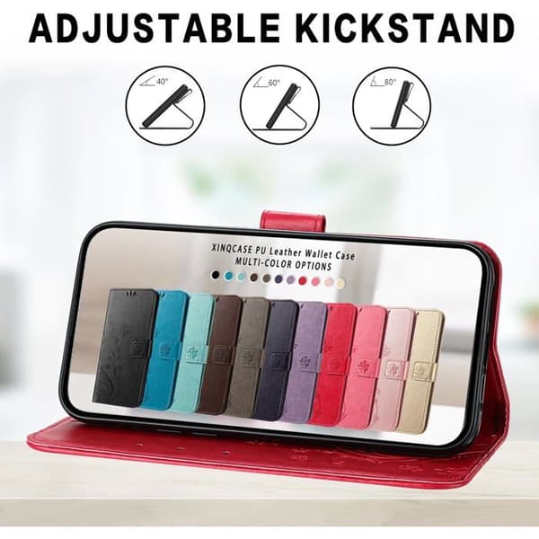 iPhone 14/13 Pung Etui - Rødt PU Læder - 3 Kortpladser - Stødsikkert - Standfunktion