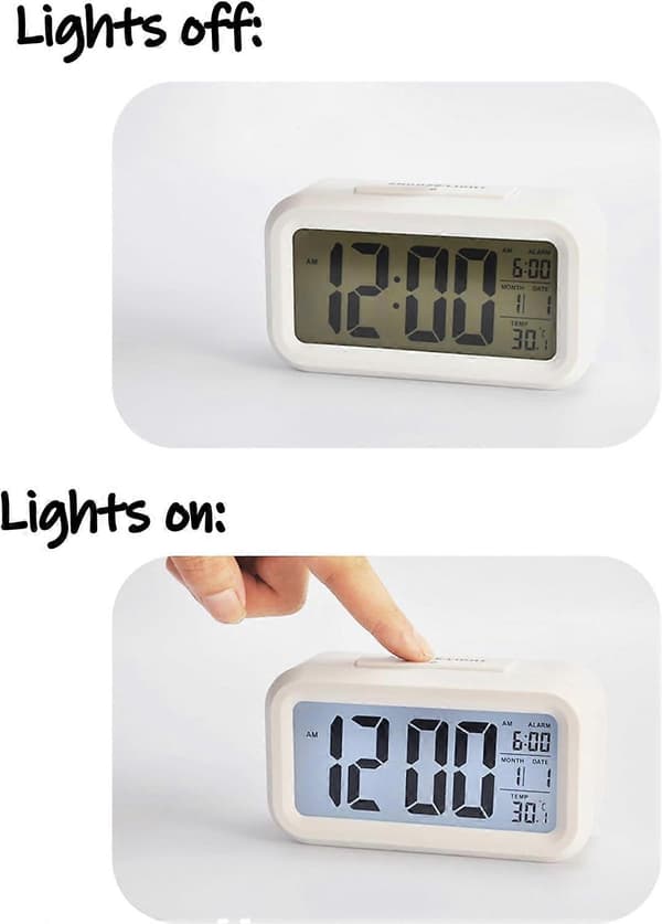 12/24 timmars digital väckarklocka sängbordsklocka med bakgrundsbelysning LCD-display datumkalender och temperaturvisning (vit