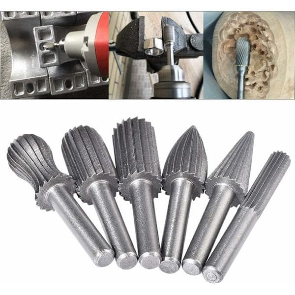 6-delt wolframkarbidborresett med dobbelkantet 6 mm wolframskaft for filing/gravering/sliping av bits for roterende verktøy