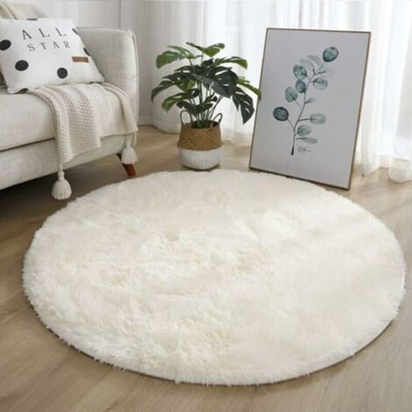120 cm rund matta för sovrum, vardagsrum, halkfri, mjuk och fluffig, stor golvmatta för hall, vit