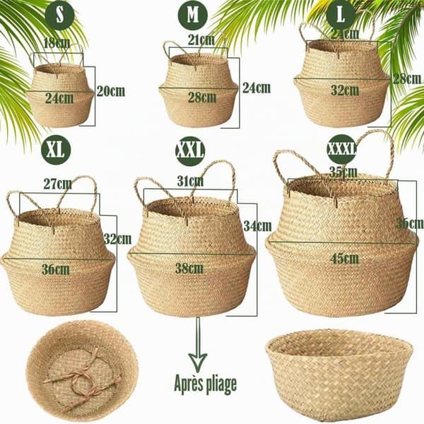 Sæt med 2 søgræs plantepotter - Håndvævede runde kurve - Med robuste håndtag - Til opbevaring af planter og vasketøj