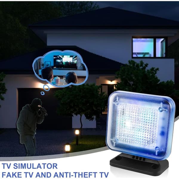 Dummy TV-simulator med 12 LED'er og 3 valgbare programmer, energieffektiv, med timer, komplet med strømadapter