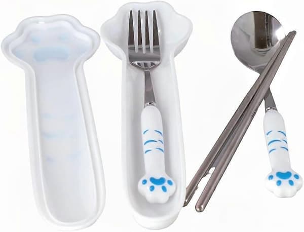 3-delat tecknat sött kattklo sked gaffel pinnar set utomhus camping bärbart servis set (2 delar) Blue