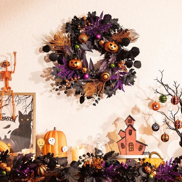 45 cm (18 tommer) græskarformet Halloween-krans, ideel til dekoration af hoveddøren og perfekt til Halloween.