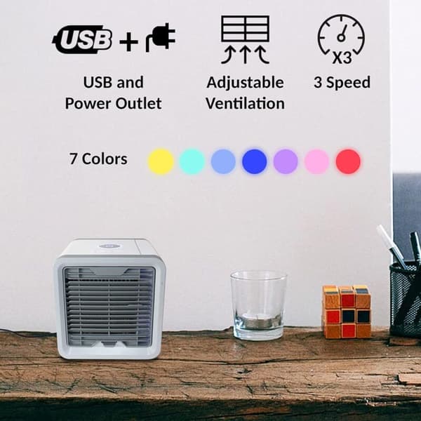 Mini bærbar USB genopladelig aircondition - USB-blæser med vandtank - 7-farvet LED
