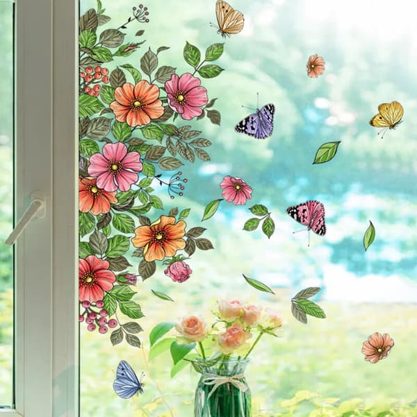 Trädgårdsblomfönsterdekal, Fjärilsväxtfönsterdekaler, Glasdekaler, Antikollisionsdekaler