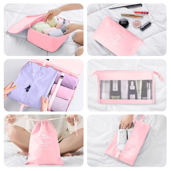 8-paknings Organizer Sett for Kofferter, Oppbevaringsposer, Pakkekuber, Reisevesker, Gaver Pink