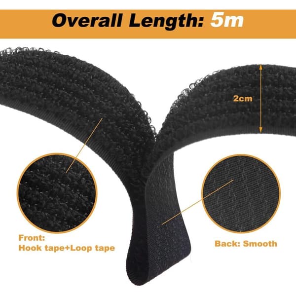 5m sorte justerbare genanvendelige kabelbindere/stropper med 25 løkker og krogfastgørelse til kabelstyring (5m x 2cm, sort)