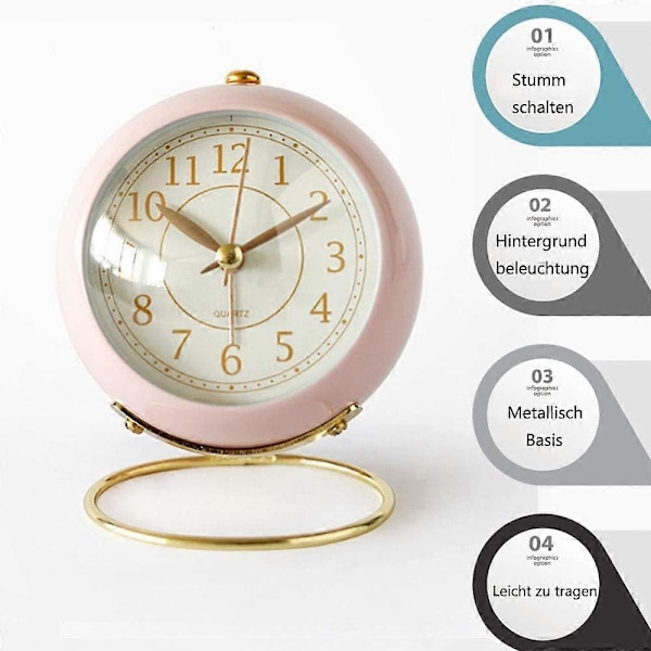 Väckarklocka, liten tyst bordsklocka retro väckarklocka utan tickande, nattlampa, ljuddämpare, HD-glas för inredning / vardagsrum / säng Rosa
