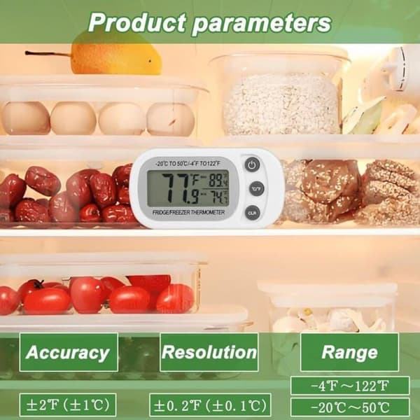 PCS Digital Kylskåpstermometer, Digital Frysetermometer med Krok, Lättläst LCD-skärm, Inspelning