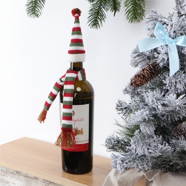 2-delars jul rödvin set Jul stickad ull scarf hatt set dekorativ vinflaskpropp