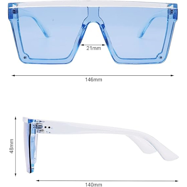 Neliönmuotoiset ylisuuret aurinkolasit naisille ja miehille, muodikkaat litteät suuret kehykset Transparent Blue