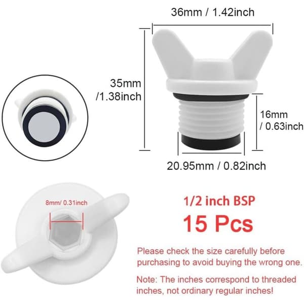 Rørleggerplugger - 15 stk 1/2\" utvendig gjenge rør sekskantplugger, tetningsplugger, for vaskemaskiner, oppvaskmaskiner, kraner, rørleggerarbeid