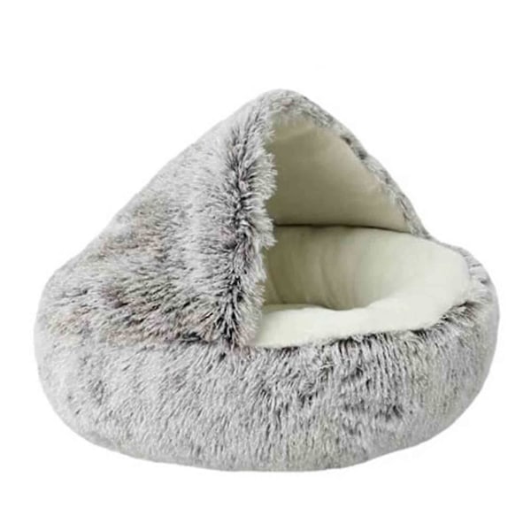 Beroligende hundesenger og kattehule seng med hette, avtakbare vaskbare runde senger for små og mellomstore kjæledyr, sklisikker, myk og fluffy seng i imitert pels, Fas Coffee 60CM