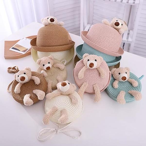 Aurinkohattu, käsinkudottu olkihattu käsilaukulla, aurinkohattu lomille, jossa on karhuhattu crossbody-laukku tytöille, beige