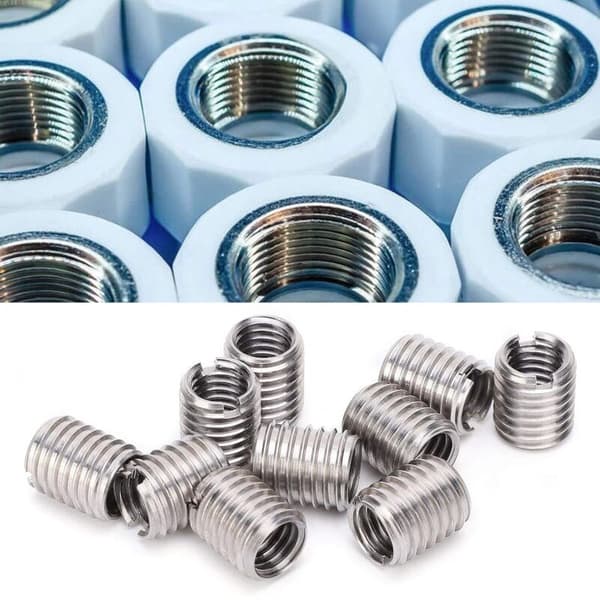 10 stk. innsatsmutter, innvendig gjenge M8 1,25 til utvendig M10 1,5, 12 mm lang, bunnhull 9,0 mm, rustfritt stål