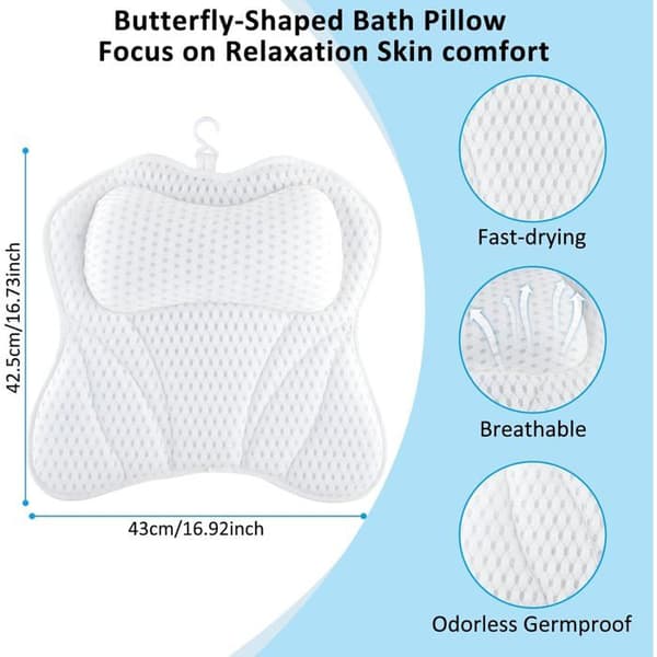 Ergonomisk Badehynde - 1 Stykke - Åndbart 4D Mesh - Hoved- og Rygstøtte med 6 Sugekopper - til Badekar