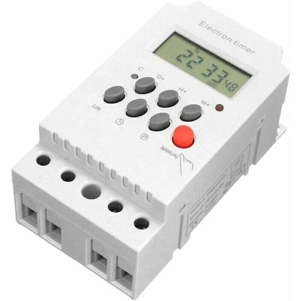 Programmerbar digital timer 220V AC, 25A med elektronisk styring på DIN-skinne og LCD-displayur, hvid.