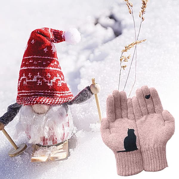 Bomuldshandsker med kattemotiver, handsker med katte- og fugleprint, søde lyserøde simple vanter. pink