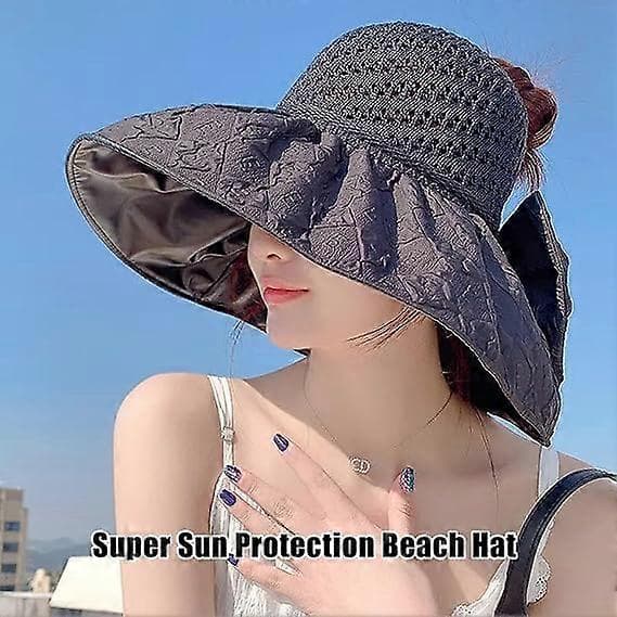 Dame Strand Solhat Bred Skygge Super Solbeskyttelse Solhat med Sort Gummi Solbeskyttelse UV Foldbar Justerbar Solhat Black