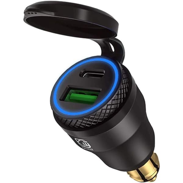 USB-tupakansytytinsovitin - BMW-moottoripyörille, DIN/Hella - EU-pistoke USB C PD 3.0 & QC