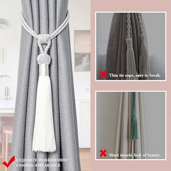 lly 2 kpl Pitkät Hapsunauhat Verhoille Käsintehdyt Punotut Köysisolmut Verhojen Kiinnikkeet Eurooppalaiseen Tyyliin Koristeelliset Verhonpidikkeet Kotiin ja Toimistoon Tuulta Vastaan Silver White 4 Pack