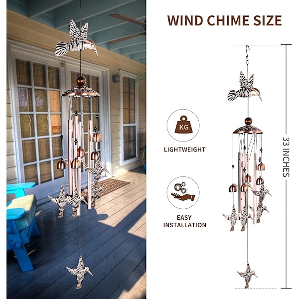 Kolibri vindspel utomhus, 4 aluminiumrör kolibri vindspel med S-krok, uteplats trädgårdsdekoration, inflyttningspresent