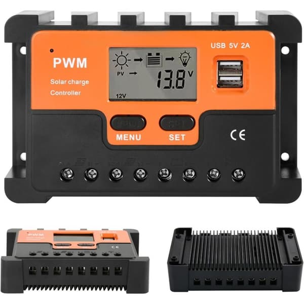 30A 12V/24V Solar ladekontroller PWM Solar laderegulator Dobbel USB-utgang Solcellepanelregulator for Gel, forseglede, oversvømte og litiumbatterier