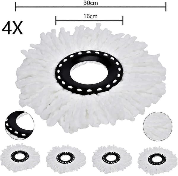 Pakke med 4 premium erstatningsmoppehoder refill for 360 roterbar rund Magic Mop mikrofiber hvit