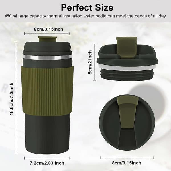 Isolerad kaffemugg (Grön), 450ml rostfri stål resemugg med lock, Cafe isolerad mugg för kaffe, te och öl