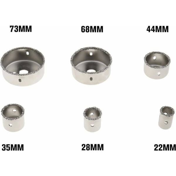 Diamantbelagt hulsav-sæt til keramiske fliser med opbevaringsboks i legering, 6 huller, 22 til 73 mm, bærbart