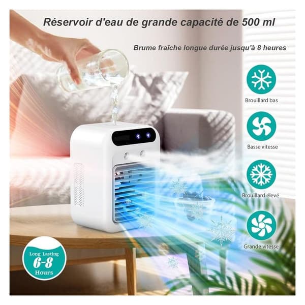 Stille bærbar aircondition, 500 ml luftkøler, 2 vindhastigheder, 2 spraytilstande, mini aircondition til soveværelse, kontor