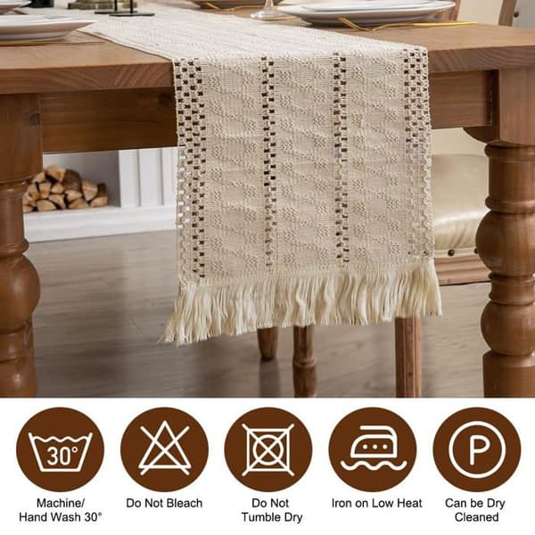 Beige bomulds makrame bordløber med kvaster - 1 stk, beige, 30×180cm - håndlavet boho bordløber, vaskbar - makrame