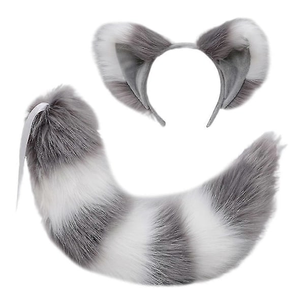 Revhale og ører, katt ulv vaskebjørn ører hale sett, dyr pels hale, ører pannebånd, Halloween jul kostyme - SNNGV grey White