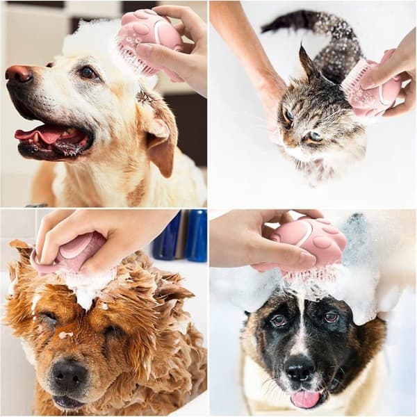 Hund og kat badebørste, blød kæledyrsbørste til rengøring, massagebørste med shampoo-dispenser til beroligende massage og vask