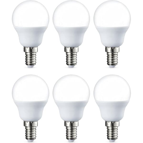 Förpackning med 6 små runda G45 LED-lampor, E14 Edison skruvbas, 5W (motsvarande 40W), varmvit, ej dimbar [Energiklass F]