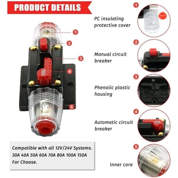 Bil sikring afbryder, Auto afbryder Bilbeskyttelse 12V - 24V DC, Manuel nulstillingskontakt Bil Audio Sikring, Inline sikringsblok (80A)