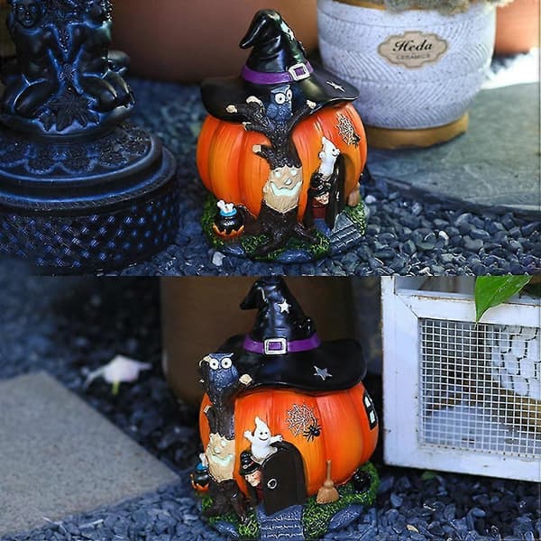 2025 Gresskarhus Ornament, Resin Håndverk, Hage Lysende Dekor, Halloween Heks, Gresskar Figur