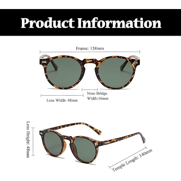 Retro Runde Polariserede Solbriller Herre Dame, Vintage Polariserede Solbriller Klassiske Trendy Shades Unisex UV Beskyttelse Leopard green