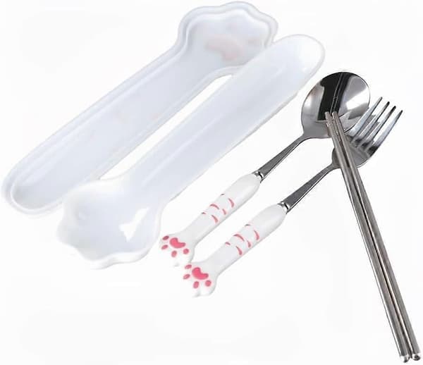 3-delat tecknat sött kattklo sked gaffel pinnar set utomhus camping bärbart servis set (2 delar) Pink