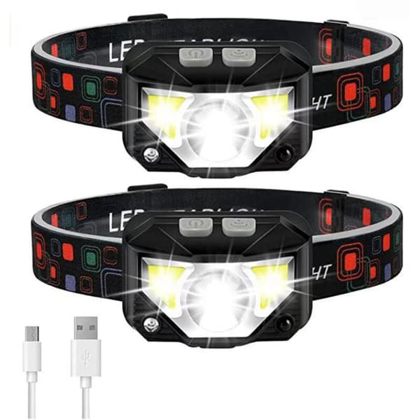 Sett med 2 ultra-kraftige LED-hodelykter, USB oppladbare, med bevegelsessensor, lette og vanntette, 14 moduser for løping