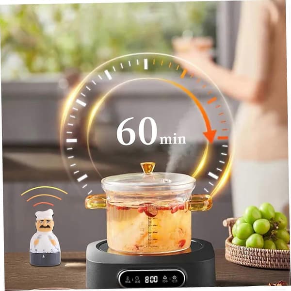 Äggklocka 60 minuter, mekanisk kökstimer, roterande för matlagning, söt kockdesign nedräkningstimer med alarm för dusch, badrum, bakning