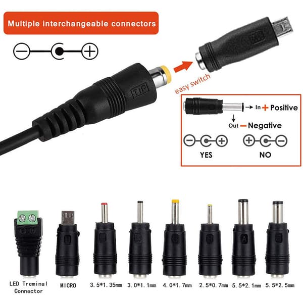 41W Universal AC/DC Strømadapter 6V 9V 12V 15V 18V 20V og 24V med 8 valgbare adapterstik, 123 cm ladekabel