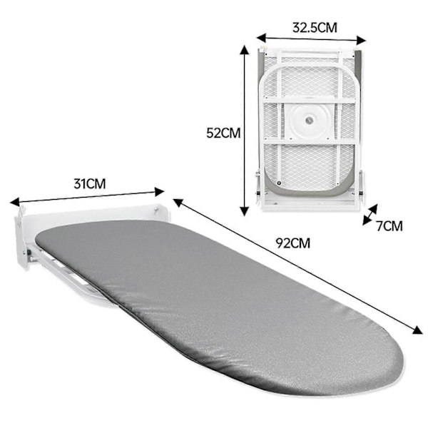 Väggmonterad Strykbräda 180 Graders Rotation Hängande för Vardagsrum Litet Utrymme Vit Grå White Gray 92cmx31cm