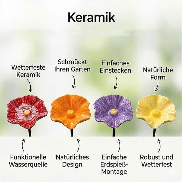 Bi-vandingsstation til haven, 4 stk. valmueformede håndlavede keramiske blomster til bier, bifoder til haven