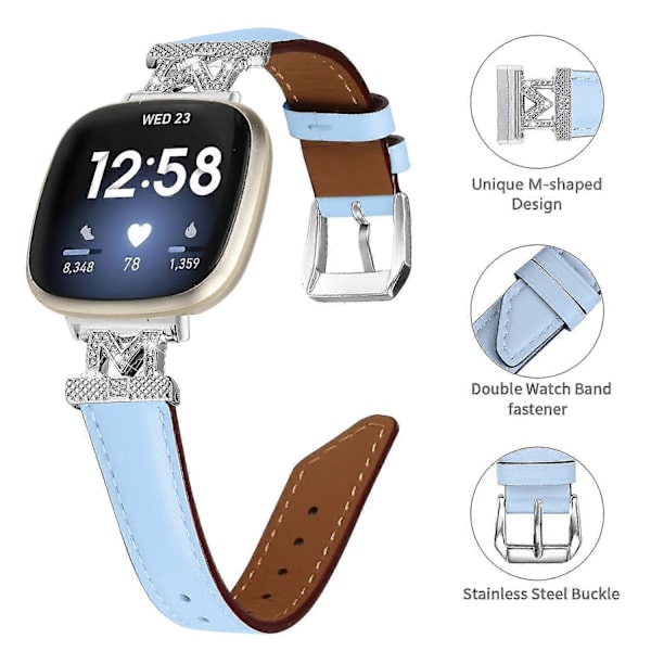 Ægte læderrem i M-form til Fitbit Versa 3/Versa 4/Sense/Sense 2 Blue Fitbit Versa 3